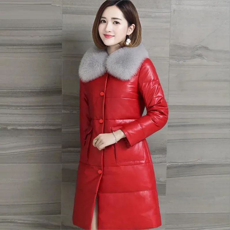 2024 New PU leather Coat Fur Imitation Fox Fur Collar Women's Jacket Mid-length Plus Cotton Thick PU Leather Slim Jacket