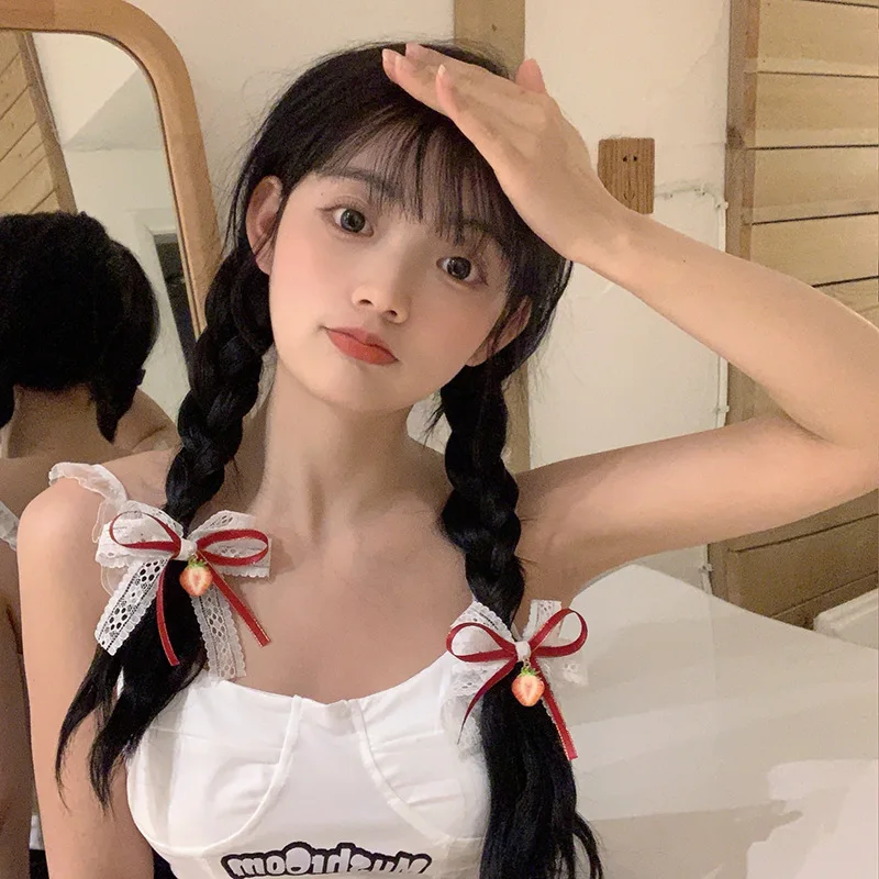 ロリータ-女の子のヘアアクセサリー,チェリーボウ,ダブルレースのイチゴクリップ