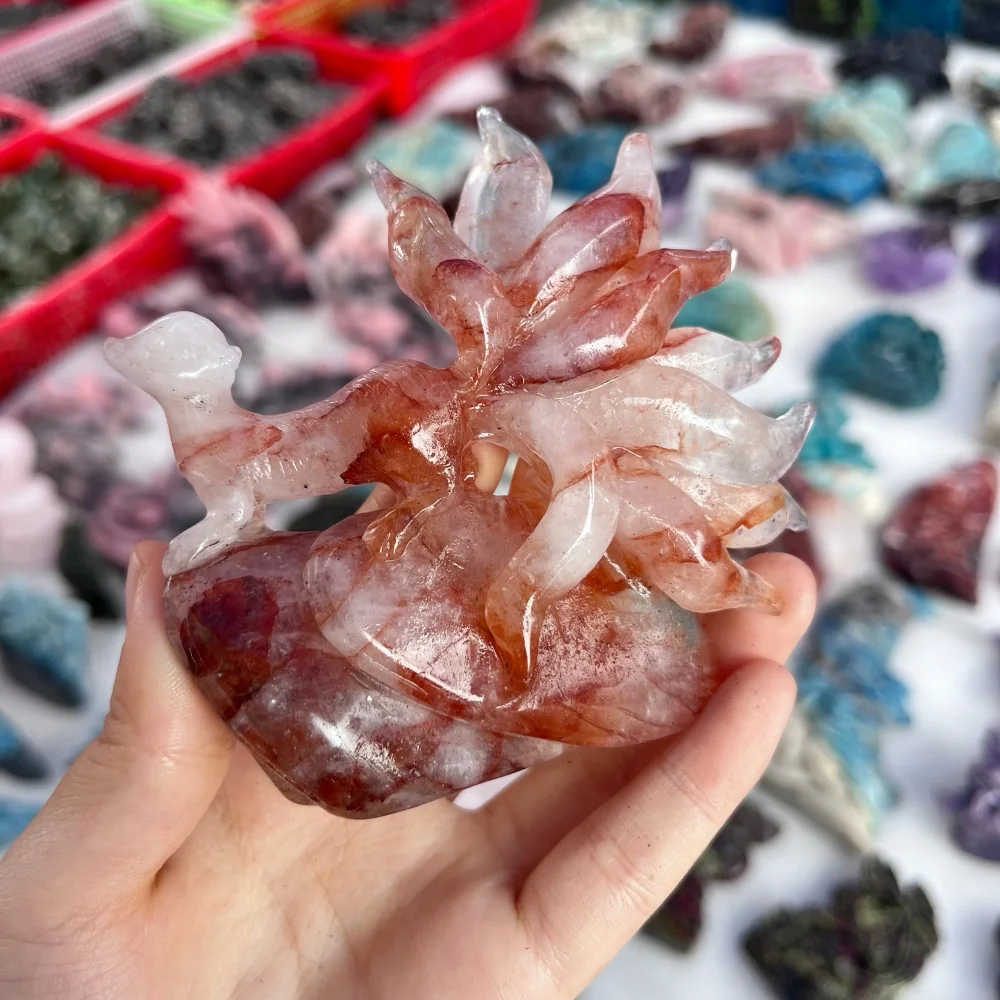 Natural Red Hematoid Quartz Nine‑Tailed Fox Carving Crystal Figurine Healing Stone Desktop Ornament Home Decoration