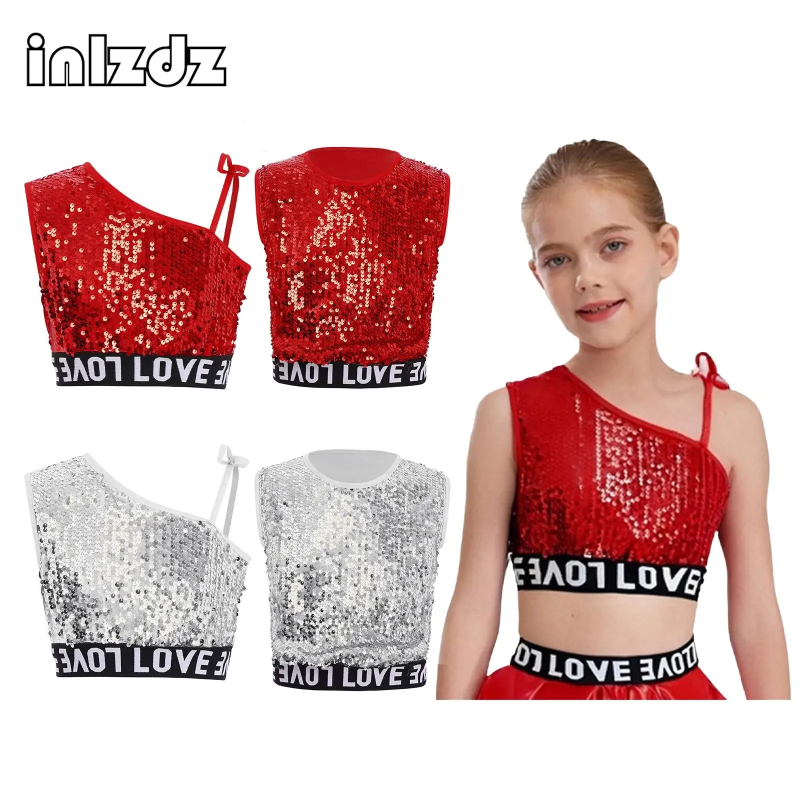 

Kids Girls Boys Hip-Hop Jazz Dance Costume One Shoulder Sleeveless Sequins Vest Fashion Crop Top for Cheerleading Street Dancing