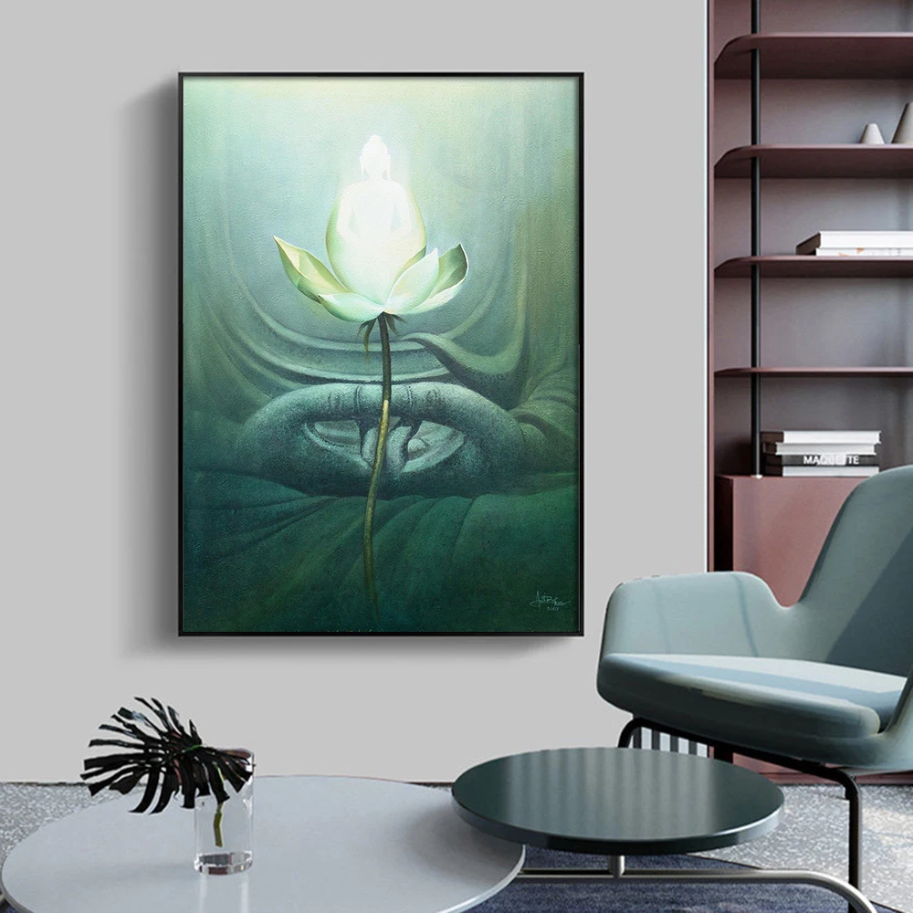 

Buddha Lotus Canvas Painting, Zen Wall Art, Abstract Green Buddhist Mood, Picture Prints for Living Room, Home Decor