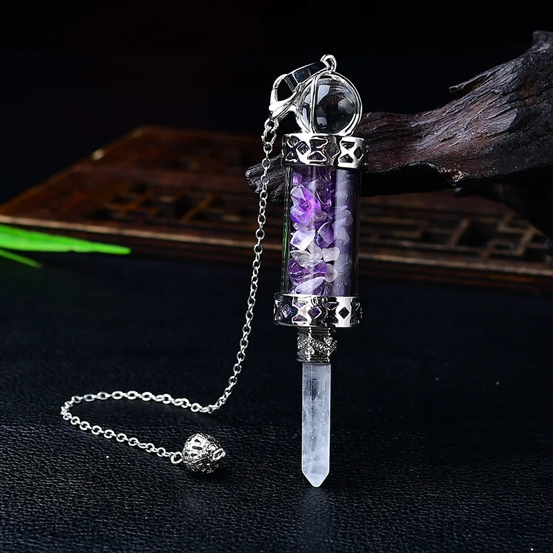 7 Chakras Pendulums Divination Dowsing Glass Wishing Bottle Natural Stone Pendant Hexagonal Clear Quartz Pendulum Pendulos X247