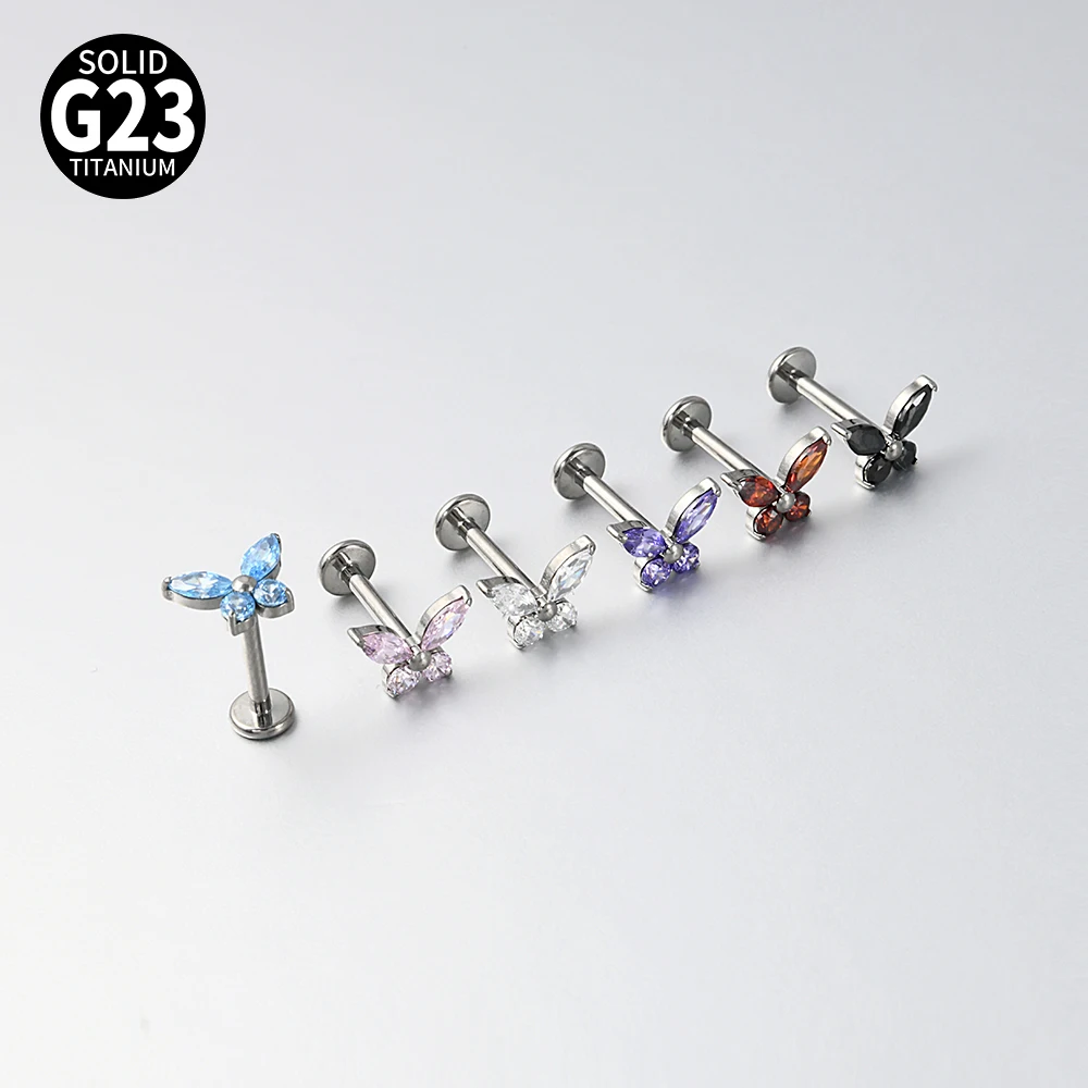 1PC Cz Butterfly G23 Pure Titanium Lip Studs Internal Thread Ear Helix Tragus Cartilage Earrings Body Piercing Jewelry 16G
