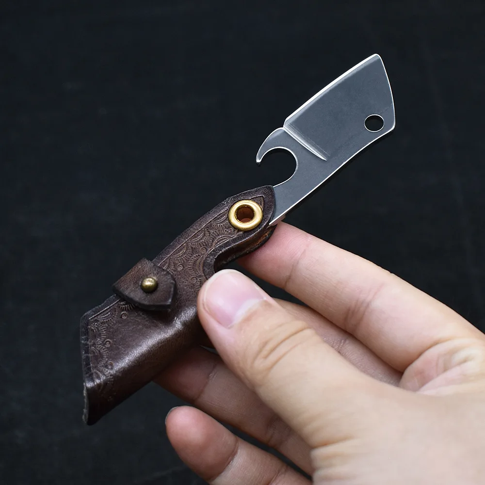 D2 Steel Sharp Mini Folding Blade Knife Leather Case Handle Small Razor Pocket Knife Self Defense Hand Tool with Opener