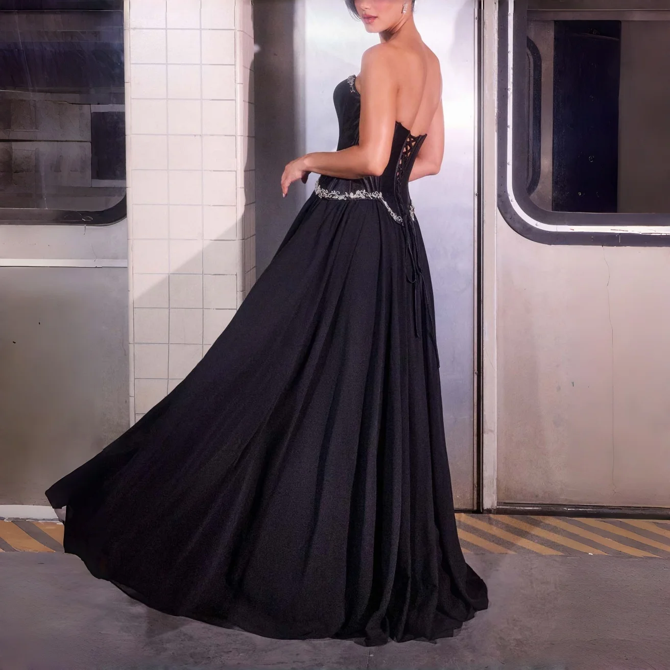 Black Luxury Strapless Corset Gown Rhinestone Trim Chiffon Skirt Formal Evening Cocktail Bridesmaid Wedding Guest Gown