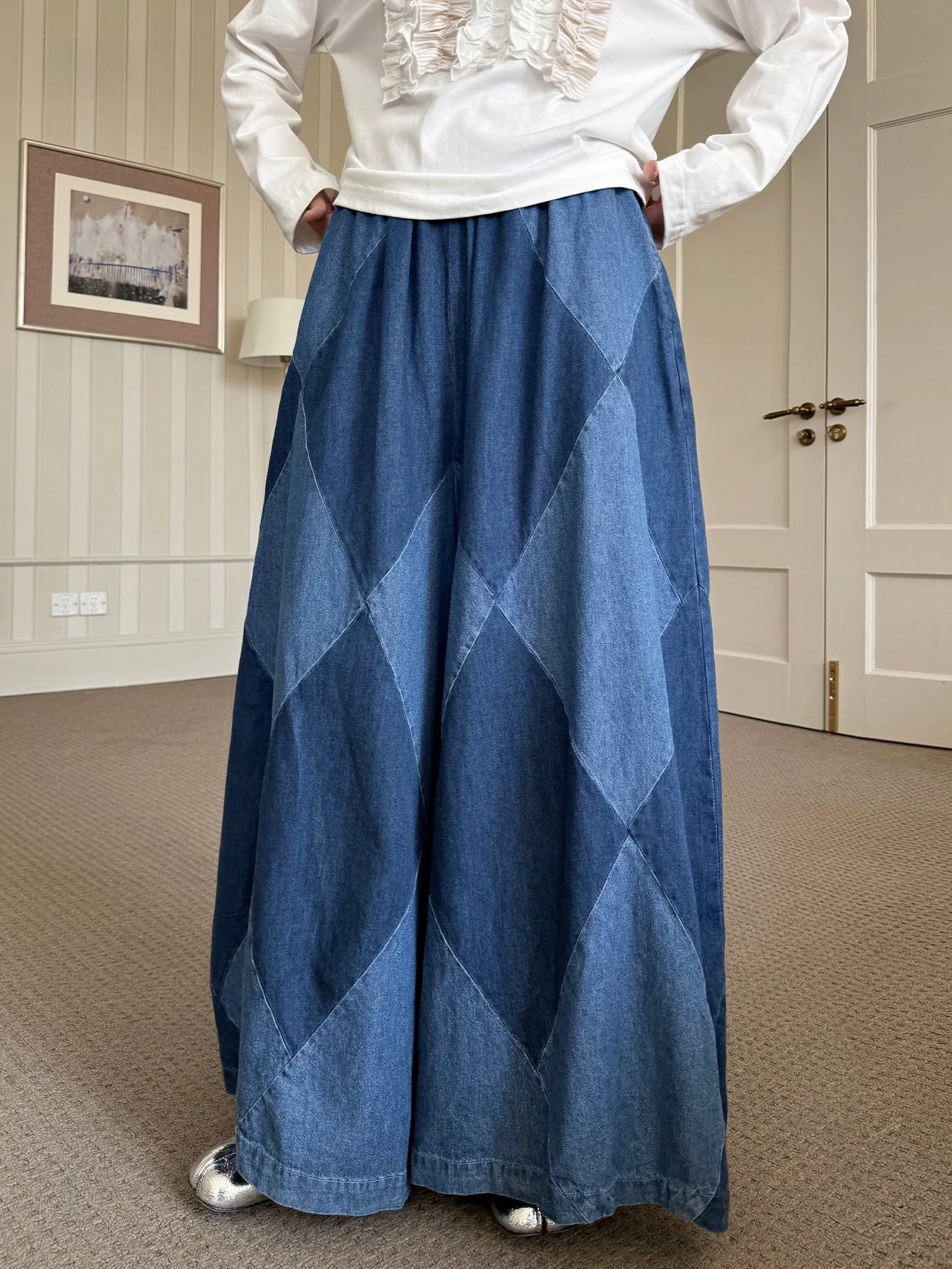 

Джинсовые юбка-брюки Land And Mountain【Xichi】Design Sensation Small Audience Color Jumping Denim Skirt Pants, повседневные длинные хлопковые брюки