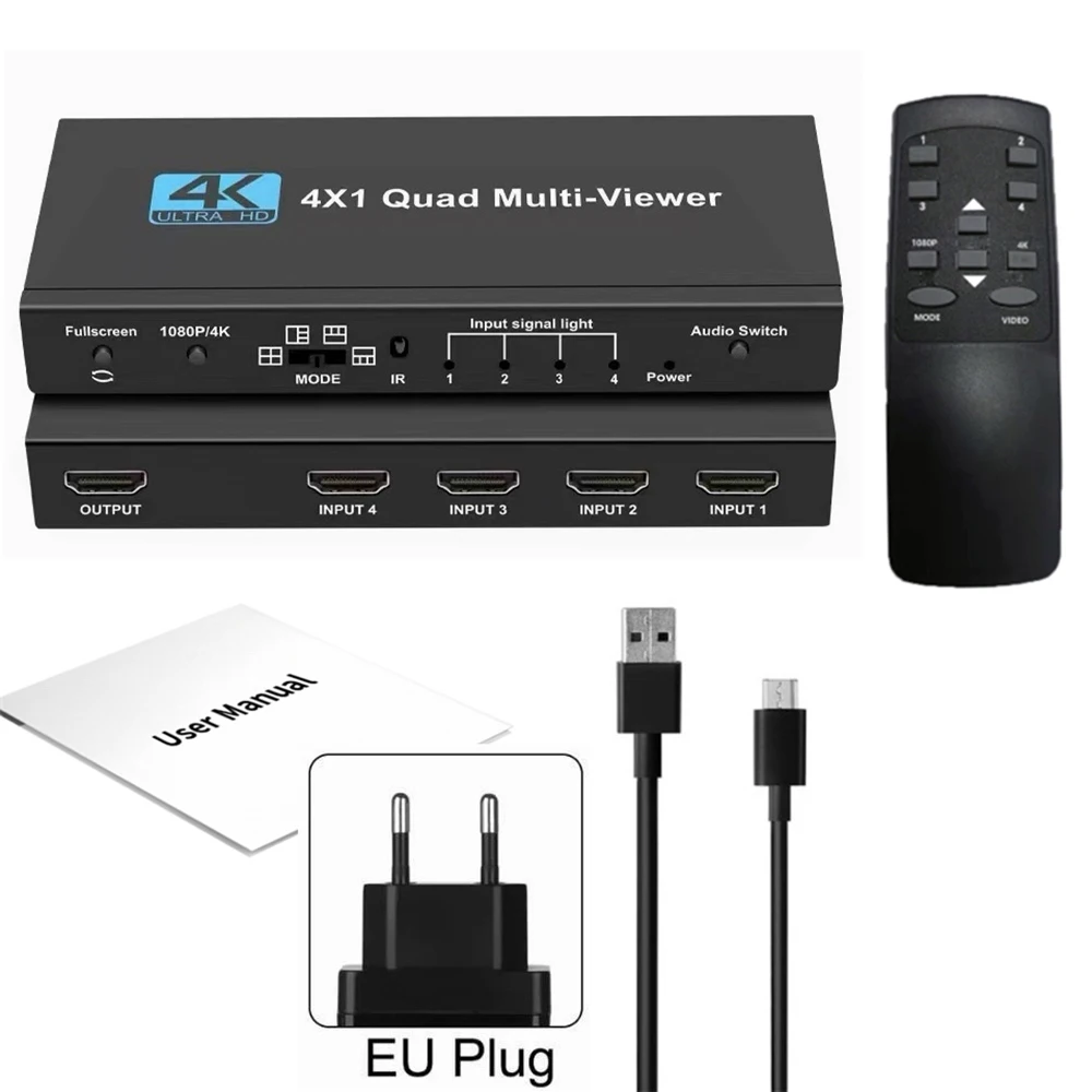 HDMI 4x1 Multi-viewer switcher 4K Seamless Quad Screen Real Time Multi Viewer Splitter 4 in 1 out HDMI Switch Adapter with IR