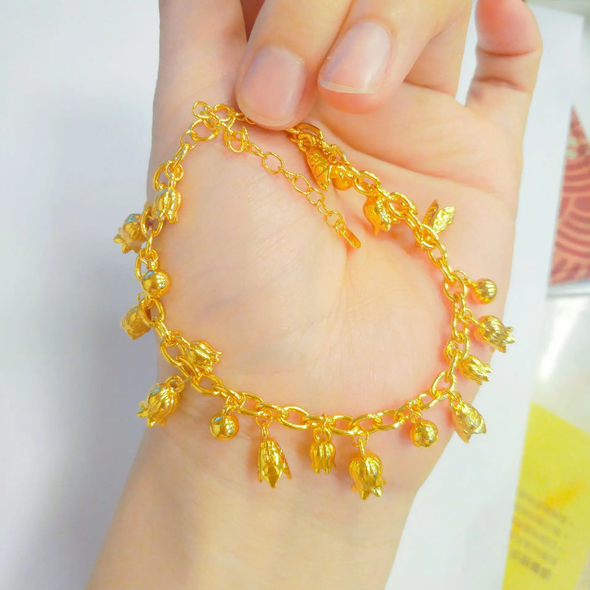 Lily of the Valley Bracelet for Women, 24K Gold, AU999 | 3D gold flowers with pearl/diamond accents, delicate romantic charm.