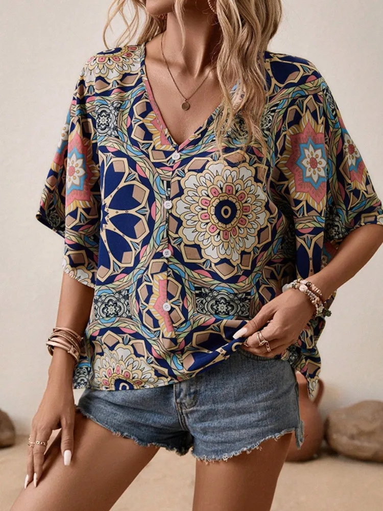 Yeezzi Female Vintage Flower Print V-Neck Blouses 2025 New Spring Summer Batwing Sleeves Loose Buttoned Casual T-Shirts Tops