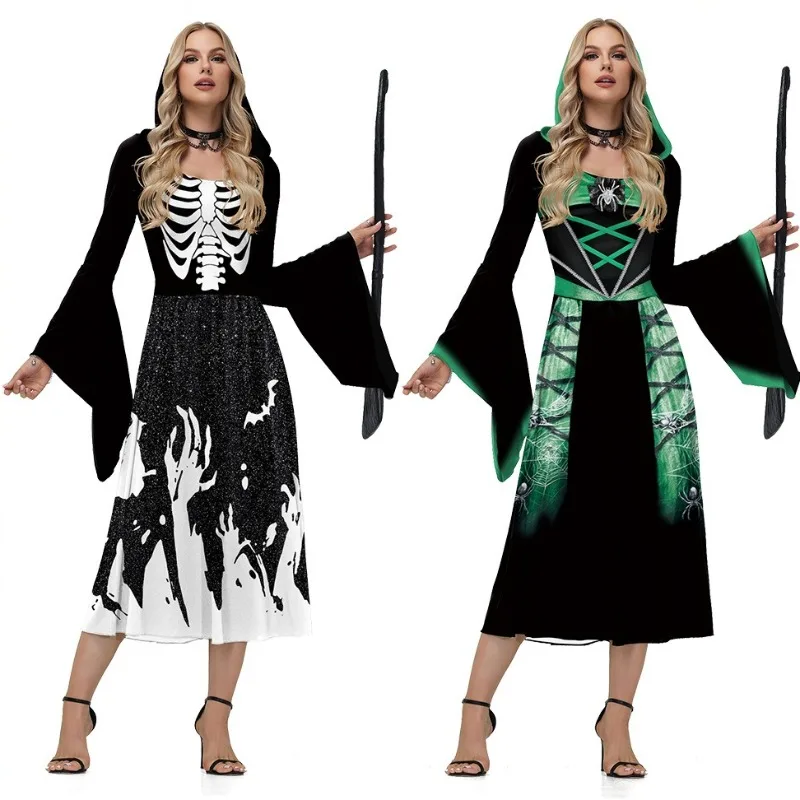 

Halloween Costume Gothic Hooded Skeleton Spider Witch Dress Print Flare Sleeve Gothic Party Gown Women Girls Spooky Long Skirt