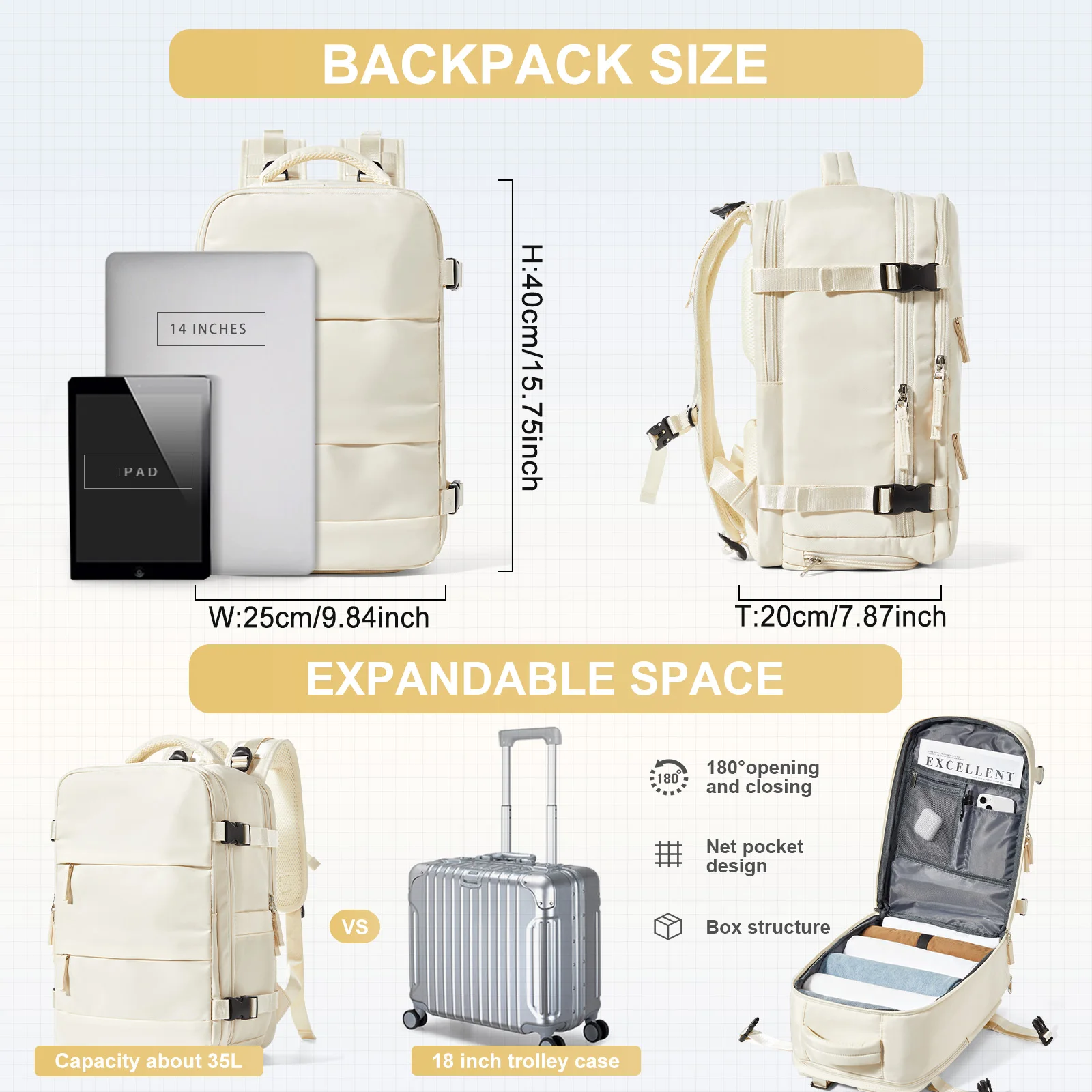 Business Laptop Backpack, Airplane Cabin Hand Luggage 45x36x20 EasyJet Mountaineering Backpack,  Short Distance Travel Backpack