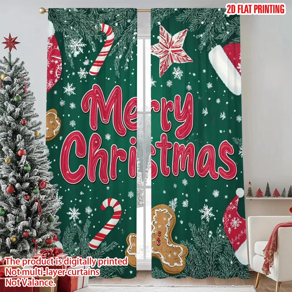 

2pcs 2D flat printing Merry Christmas Curtains gingerbread snowflake Polyester Without Electricity Holiday Decorations Perfect