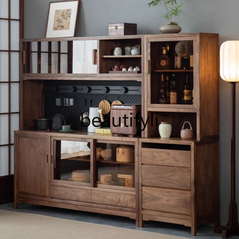 

Solid wood dining side cabinet integrated high cabinet against the wall New Chinese living room Home glass, storage, cabinet H