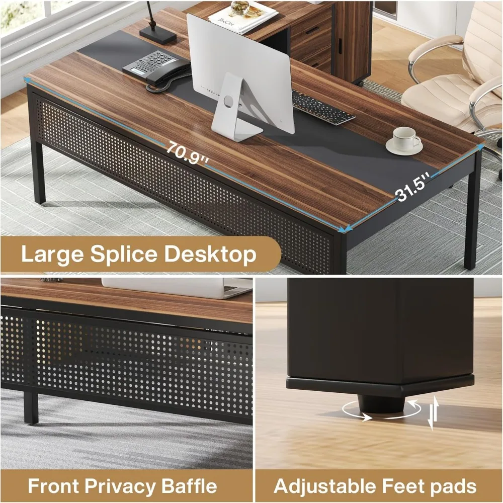 70.8" Large Executive Office Desk and 47" Lateral File Cabinet Combo, L-Shaped Computer Desk 2 Piece Business Furniture with