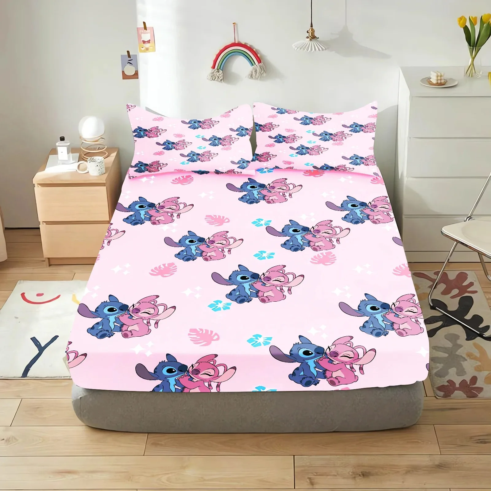 Stitch Bedding Set,Disney Cartoon Fitted Sheet 3pcs Printed With Pillowcase,Suitable For Girls Boys Adults birthday gift