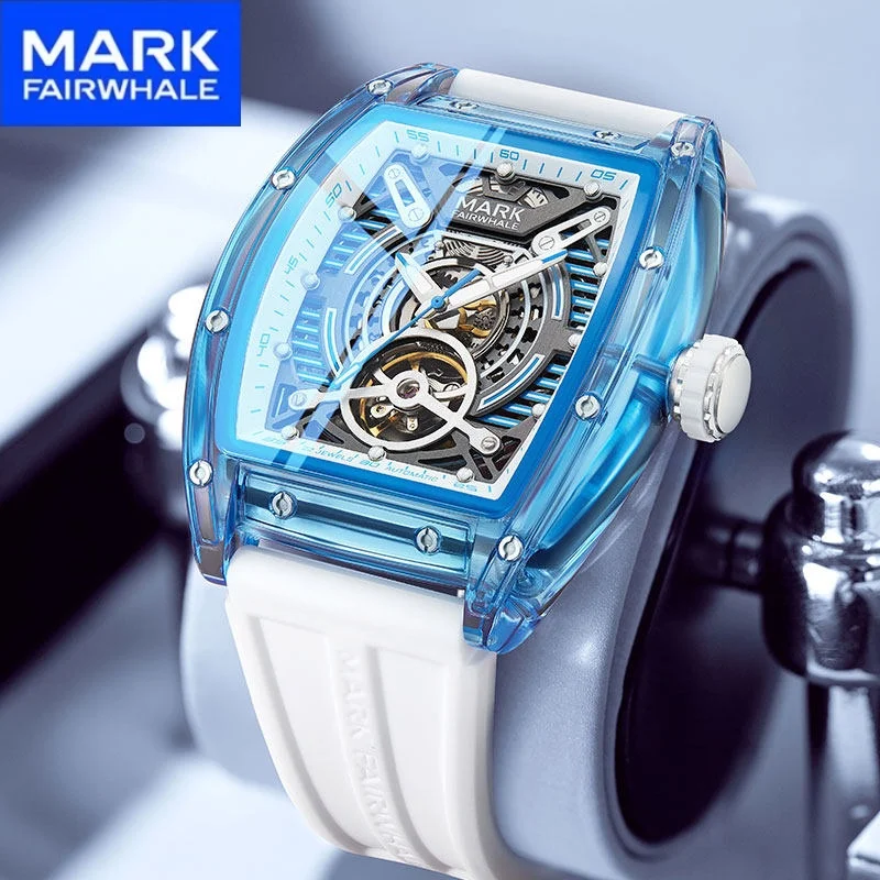 

Mark Fairwhale Fashion Transparent Acrylic Case Mechanical Watches Tonneau 3D Skeleton Dial Sport Watches for Mens Wristwatch