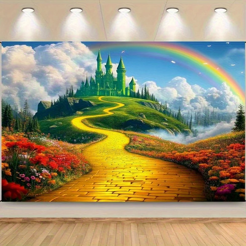 wizard of oz tapestry yellow brick road leading to emerald castle rainbow sky fantasy landscape wall decor for kids room nursery