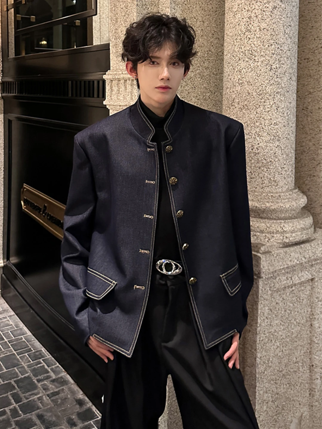 

New Chinese Sle Men's ort Stand Collar Padded oulder Denim Jaet Lightweight Mature Outerwear Autumn Faion