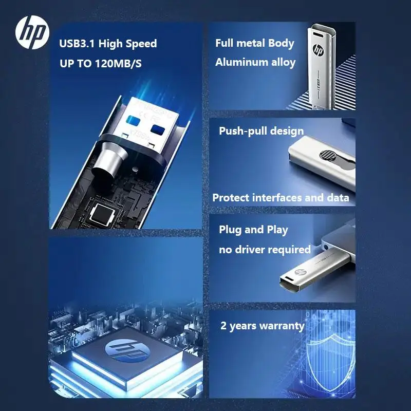 HP USB 3.1 메탈 USB 플래시 드라이브, 32GB, 64GB, 128GB, 256GB 펜 드라이브, 창의적인 개성, 자동차 음악 선물, 고속 USB 펜 드라이브