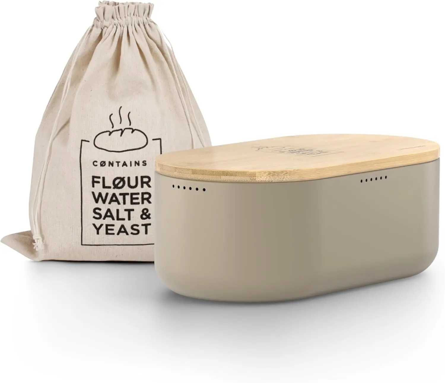 Caja de Pan Metálica con Tapa de Bambú y Bolsa de Lino para Mantener la Frescura, Color Marrón Taupe, 13.8x7.7x5.3 Pulgadas