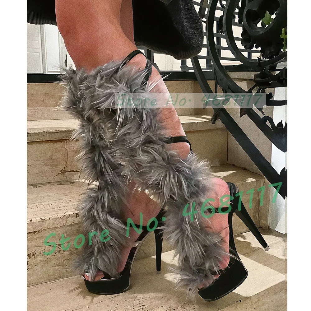 Grey Fur Cross Strap Platform Sandals Sexy Women Stiletto High Heels Plus Size Puttee Shoes Party Nightclub Strappy Sandals