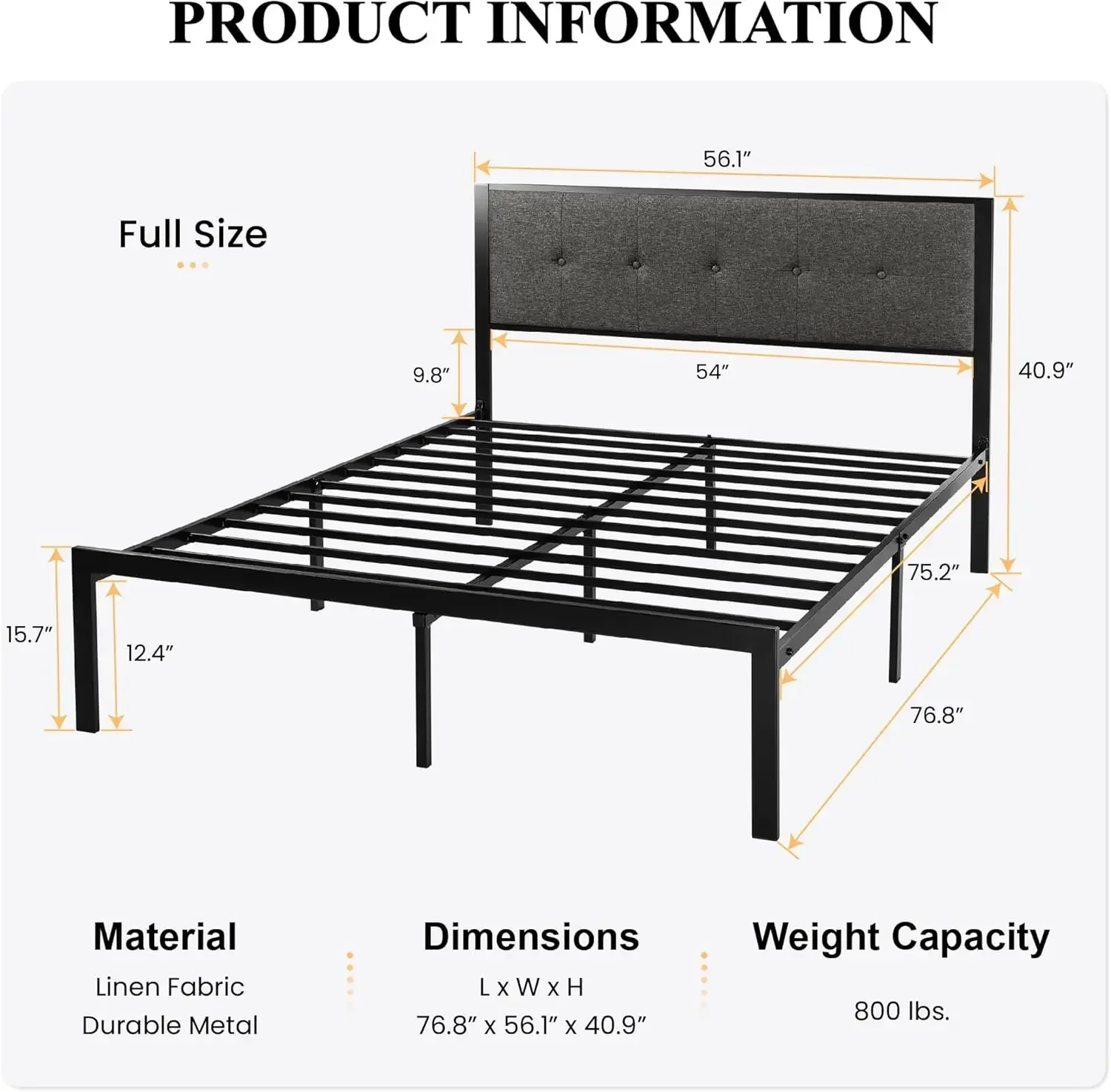 Size Metal Platform Bed Frame with Upholstered Button Tufted Headboard, Easy Assembly, Dark Grey