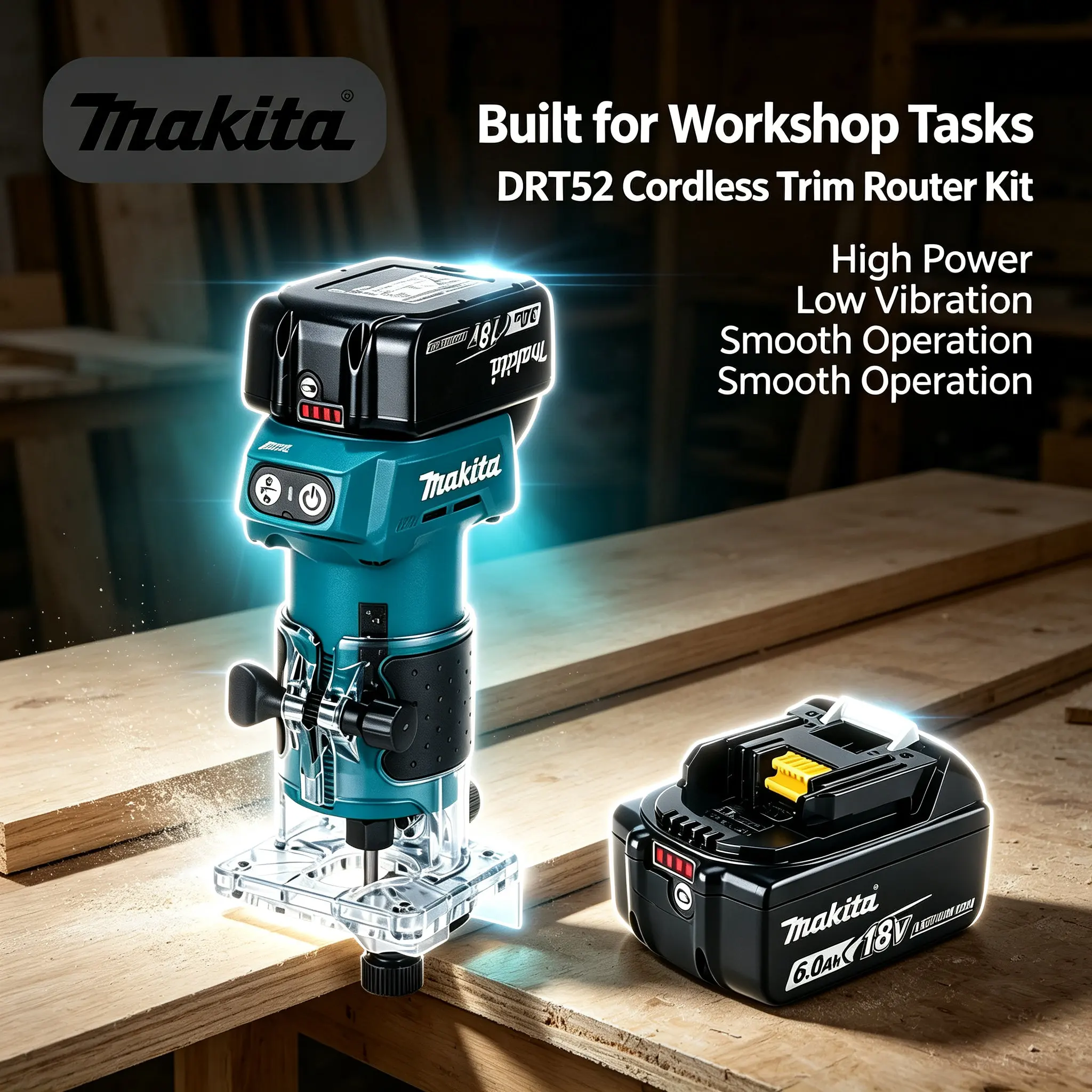 Makita DRT52 Kompakter Akku-Brushless-Oberfräser, kompatibel mit der gesamten 18V LXT-Akkureihe, professioneller Handfräser für präzises Multi-Tasking, Kantenbearbeitung und saubere Schlitzarbeiten.