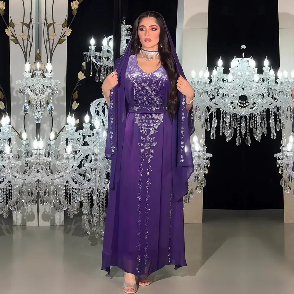 2szt Zestaw Szyfonowa Sukienka Z Paskiem Szlafrok Muzułmańskie Kobiety Diamenty V-neck Abaya Hidżab Veil Gown Caftan Split Long Sleeve Loose Jalabiya