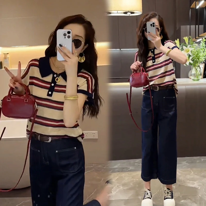 

Striped top with nine-point jeans, summer suit, fashionable Korean style, tall and small people, summer wear