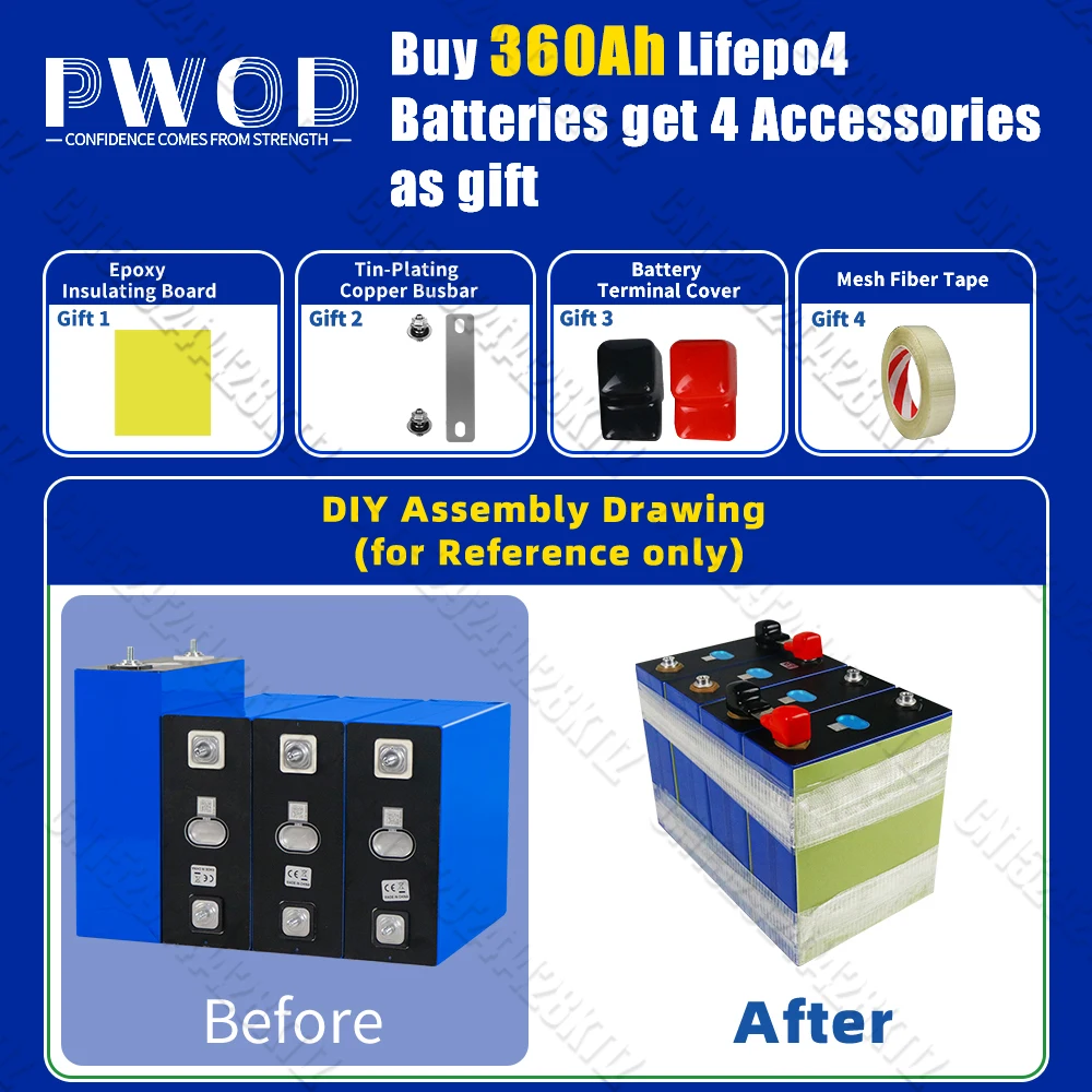 PWOD 3.2 فولت Lifepo4 بطارية 360AH الصف أ 10000Cycle لتقوم بها بنفسك 12 فولت 24 فولت 48 فولت ليثيوم خلية فوسفات الحديد للتخييم عربة جولف الاتحاد الأوروبي الأسهم