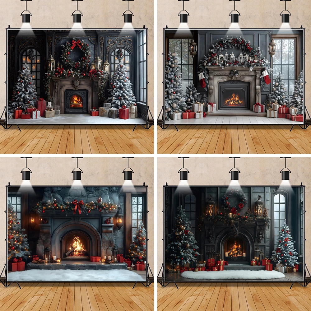 Photography Zone - ゴシック城クリスマス写真撮影背景暖炉窓クリスマスツリー冬ホリデーパーティー背景写真ゾーンバナー