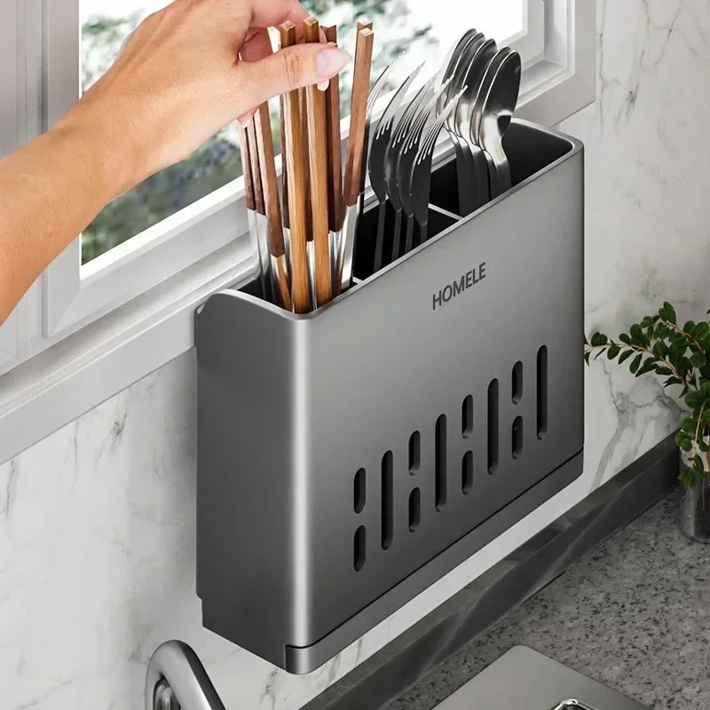 Portautensili da cucina da 1 pezzo: porta bacchette drenante multifunzionale, scatola portaposate in plastica indipendente o montata a parete