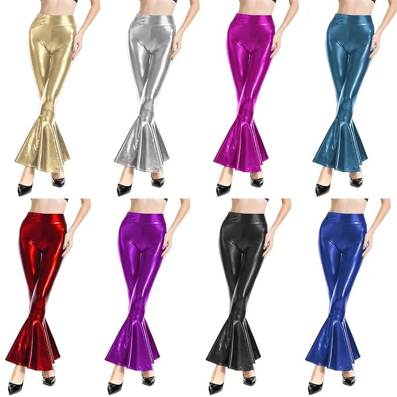 Women Shiny Flare Trousers Metallic Ruffles Wide Leg Pants Retro 70s Disco Hippie Club Trousers Shiny Gold Silver Skinny Pants