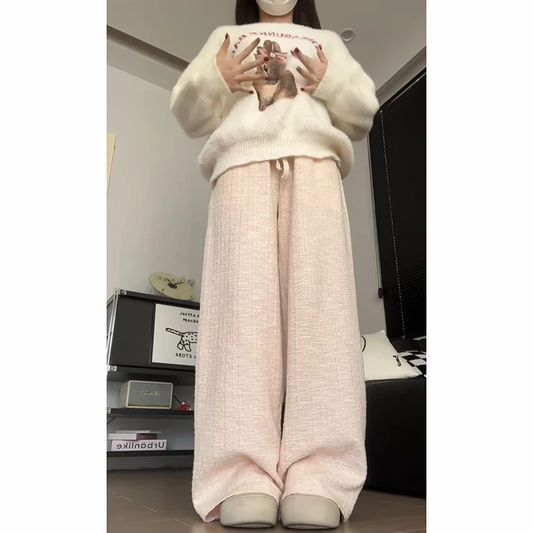 핑크 한국 스타일 심플 와이드 레그 팬츠 여성용 가을 겨울 신상 프랑스 캐주얼 드레이프 슬림핏 롱 팬츠