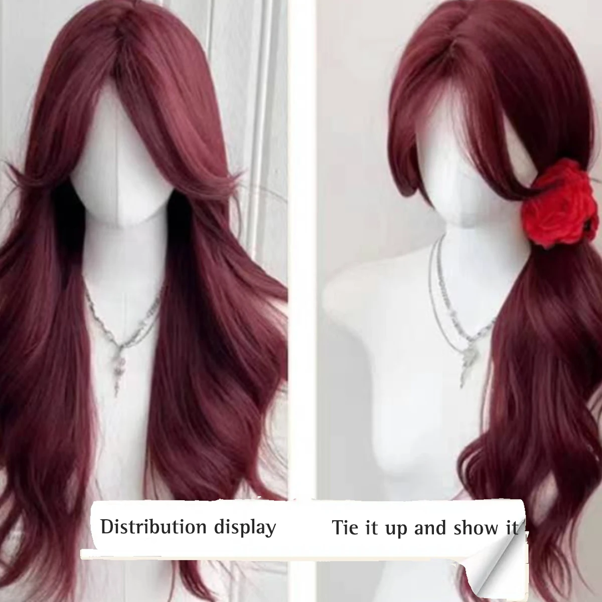 DIFEI Synthetic Mela red long curly wig women wine red heat-resistant big wavy natural curly fashion styling