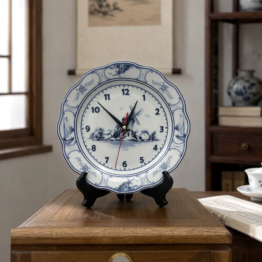 Blue and White Ceramic Plate Silent Seat Clock, New Chinese Retro desktop Clock Decoration Ornament, Living Room Hanging Clock