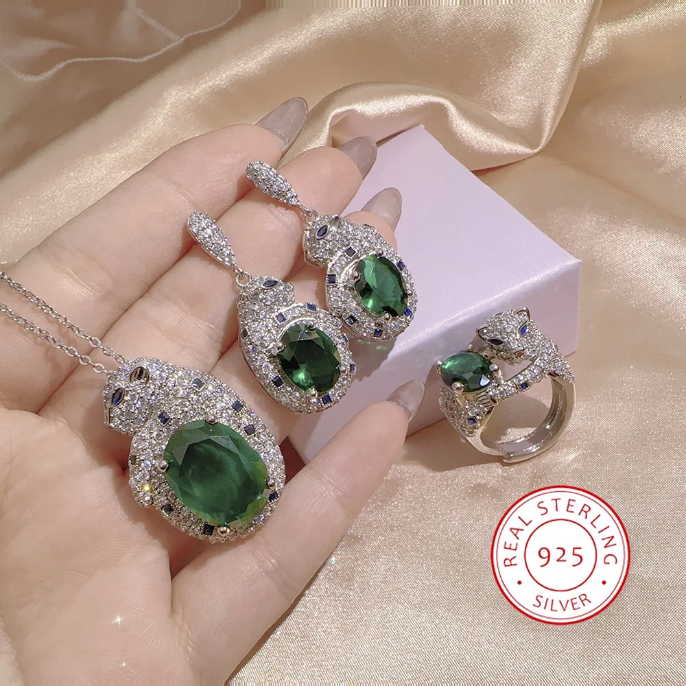 Delicate 925 Sterling Silver Emerald tourmaline Tassel Leopard Jewelry Set Fashion Vintage Women Wedding Ring/Earring/Necklace