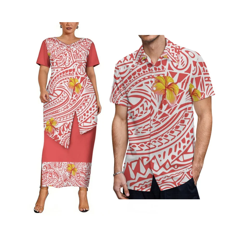 

Customized Polynesian Tribe Design Floral Print Elegant Couple Outfit Consisting Of Puletasi Skirt And Men'S Casual Shirt