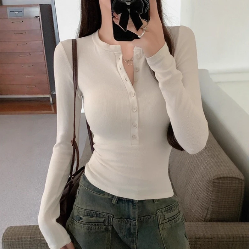 2026 Autumn Winter Korean Hot Girl Solid V Neck T Shirt Women Button Slim Fit Long Sleeve Basic Layering Top Elegant Blouse