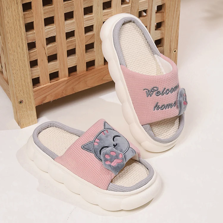 Leinen Casual Hausschuhe Frauen Haus Plattform Niedlichen Cartoon Katze Designer Schuhe Mädchen Flache Mode Elegante Schuhe Indoor Große Größe – Detail 8