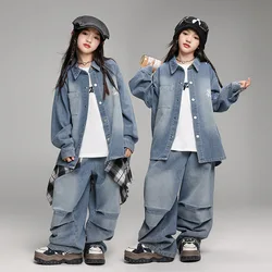 New Girls Street Dance Clothes Long-Sleeved Denim Shirt Hip Hop Suit Group Jazz Performance Costumes Ballroom Hip Hop Clothes