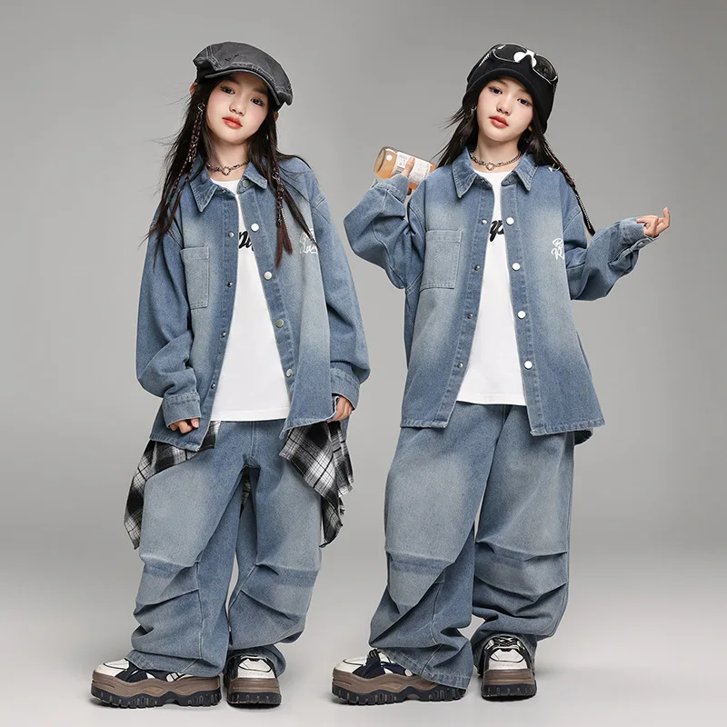 New Kids Street Dance Clothes Long-Sleeved Denim Shirt Hip Hop Suit Children Jazz Performance Costumes Ballroom Hip Hop Clothes