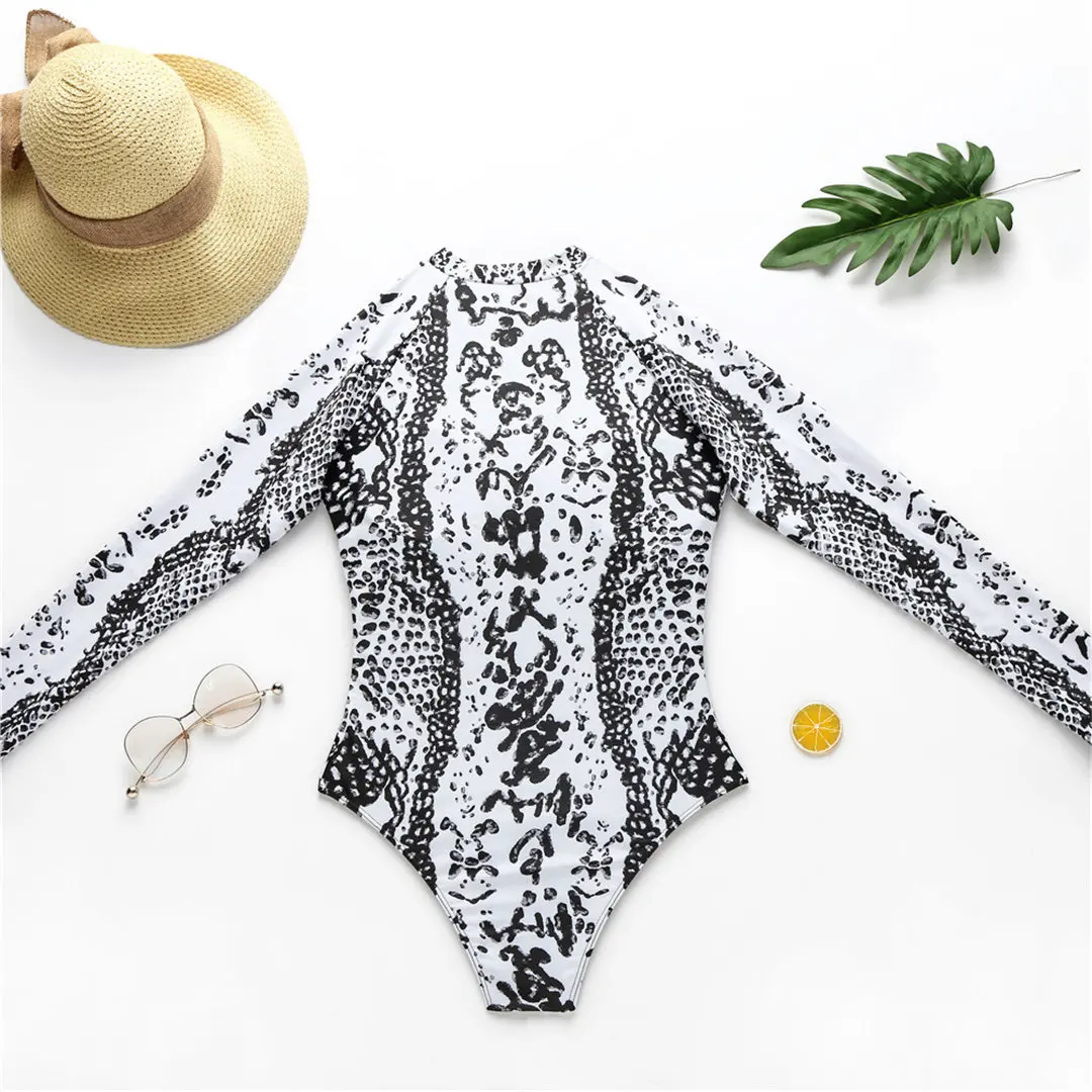 Sexy Reißverschluss Surf Rash Guard Einteiliger Badeanzug Damen Bademode Weiblicher Badeanzug mit Schlangenhaut-Print und langen Ärmeln V2108L – Detail 14