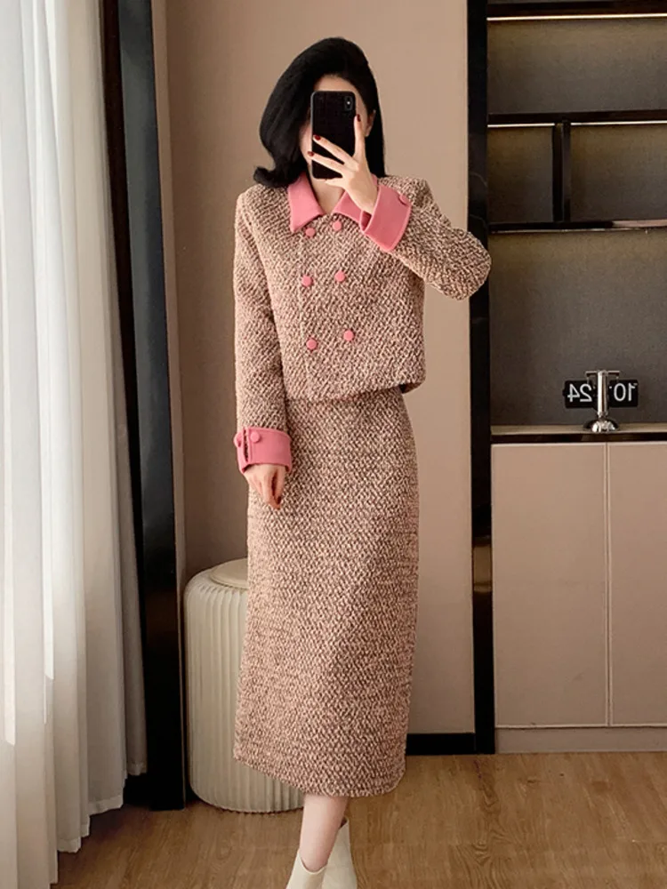 High Quality French Fashion Tweed 2 Piece Sets Women Korean Sweet Short Jacket Coat + Skirt Suits Ladies Two-piece Outfits