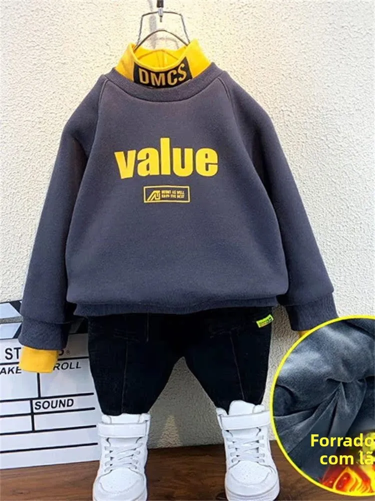 Moletom Estilo Coreano com Forro de Lã e Gola Alta para Meninos, Nova Chegada de Moda Infantil para Outono e Inverno