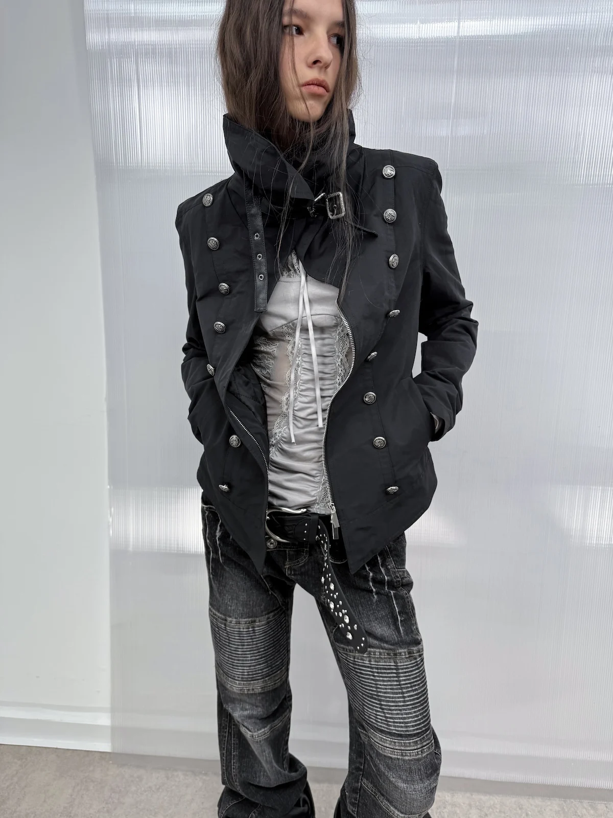 DoublePunch Original High Collar Thickened Cotton Jacket Metal Buckle Decorated Windproof Napoleon Outerwear for Women