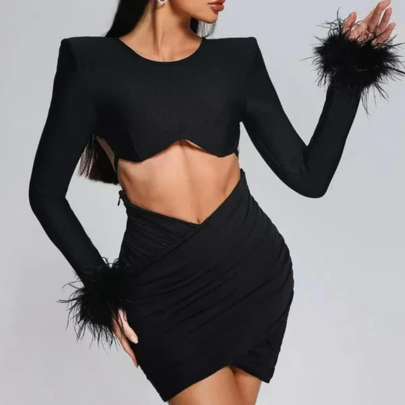 

Fashion Feather Mesh Ruched Bandage Long Sleeve Womens Two Peice Sets Blazer Mujer Top Mini Elegant Evening Dress Sexy Dresses