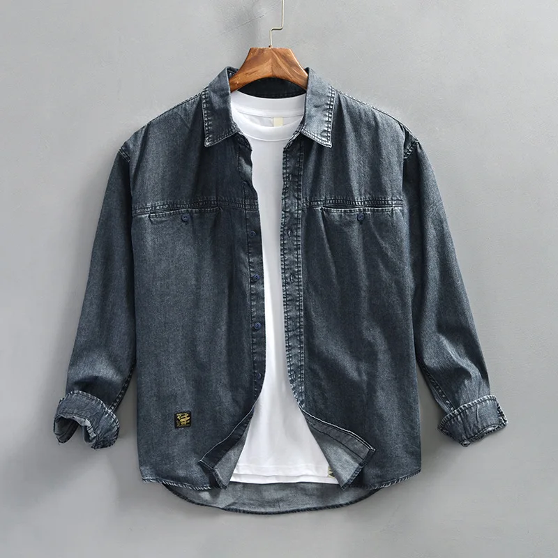 Retro Japanese Style Men's Casual Long Sleeve Denim Shirt Spring New Loose Fit Fashionable Outerwear Spring Summer Cotton Blend