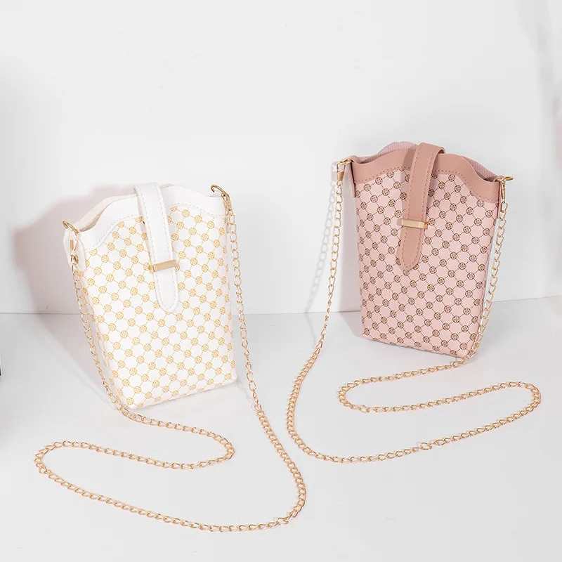 Borsa a tracolla singola con stampa a pois scozzese di nuova moda Mini borsa a secchiello piccola con tracolla a catena obliqua casual