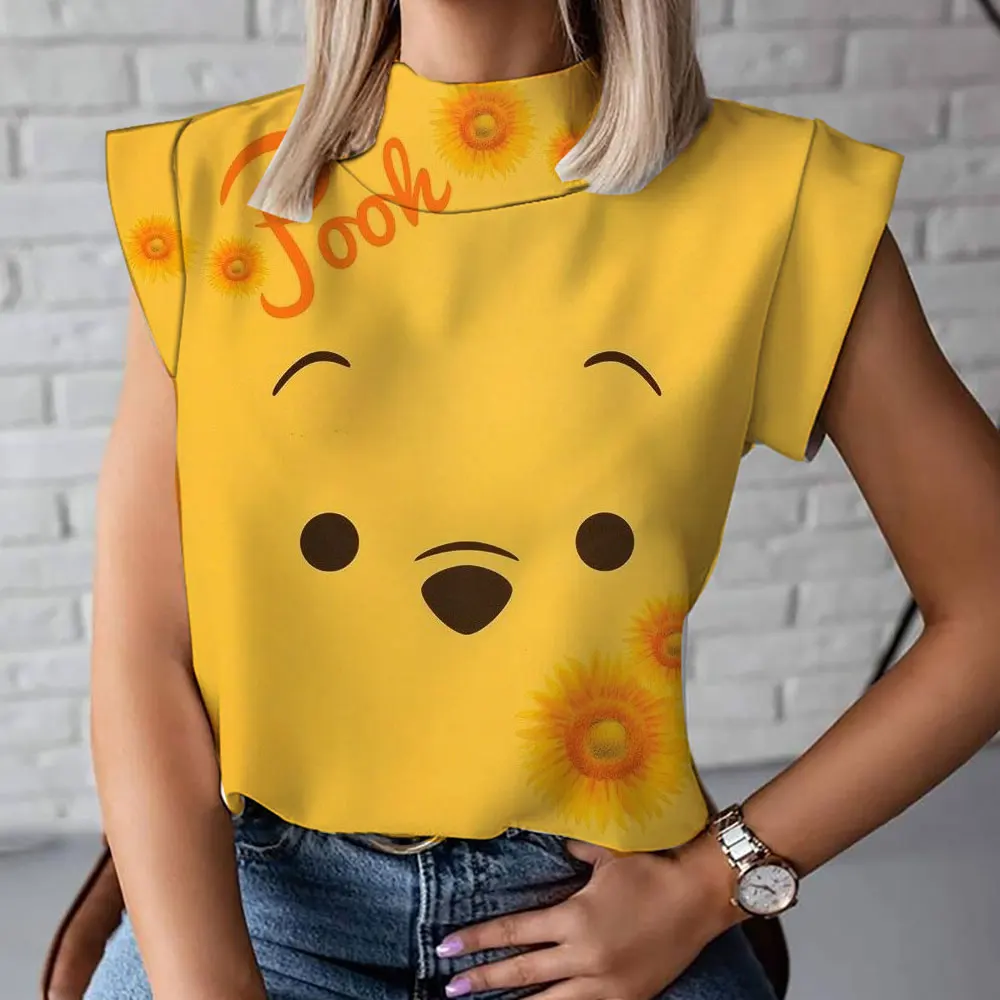 2024 Sommer neue Frauen T-Shirt Winnie the Pooh Cartoon Frauen Roll kragen T-Shirt Mode bequeme lässige Kurzarm